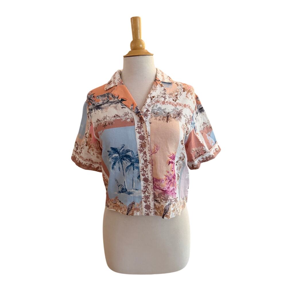 NWT Calypso St Barth Linen Blend Tropical Print Resort Collared Blouse Top XS